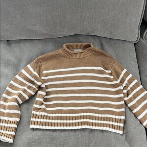 J. Crew 100% Cotton Tan and White Striped Turtleneck Sweater